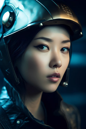 Beautiful asian woman in motorcycle helmet. Biker girl.の素材