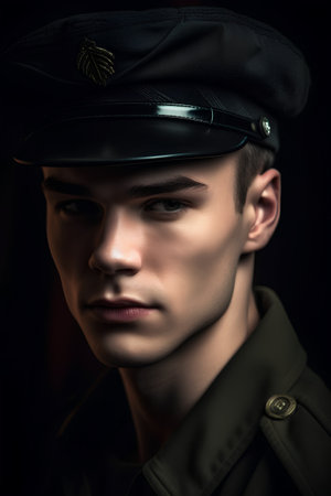 Portrait of a young man in a military uniform. Studio shot.の素材