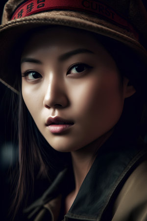 Portrait of a beautiful young asian woman in hat and jacketの素材