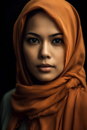 Portrait of a beautiful young muslim woman with hijab over black backgroundの素材