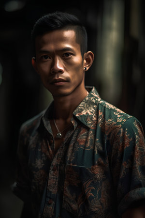 Portrait of a handsome young asian man on dark background.の素材