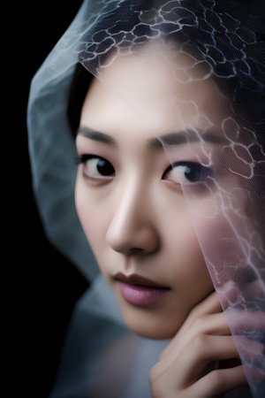 Close up portrait of beautiful asian woman in veil on black backgroundの素材