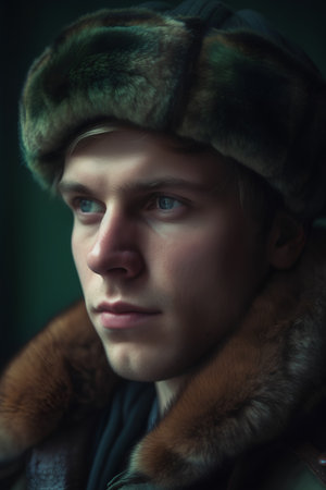 Portrait of a young man in a fur cap and coat.の素材