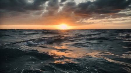 Beautiful sunset over the sea. Dramatic sky with clouds and waves.の素材