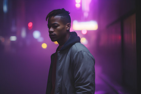 Handsome african american man in the street at nightの素材