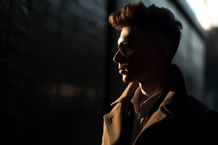 Portrait of a handsome young man in a coat and sunglasses.の素材