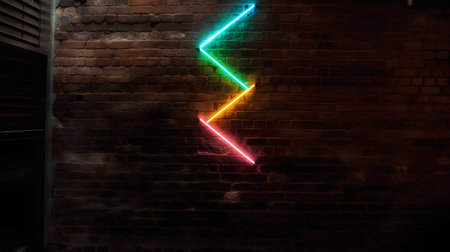 Neon sign on brick wall. 3D rendering. Neon lights.の素材