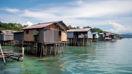 Houses on stilts in the water of the sea, Thailandの素材