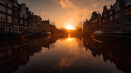 Amsterdam canal at sunset with reflection in water, Holland, Netherlandsの素材