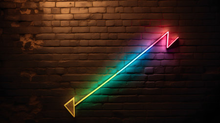 Neon arrow glowing on brick wall background. 3d render illustrationの素材