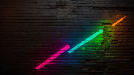 Colorful neon sign on brick wall in darkness. 3D renderingの素材