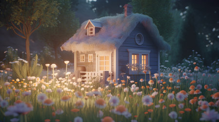 3d rendering of a fairy tale house in the meadow at nightの素材