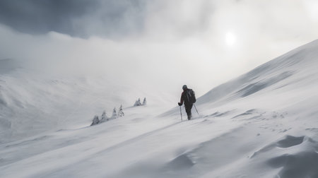Winter hiking in the mountains on snowshoes with a backpack and tent.の素材