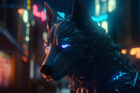Futuristic animal portrait of a wolf in the city at nightの素材