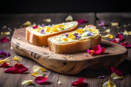 Toasted bread with butter and fresh flowers on wooden board, selective focusの素材
