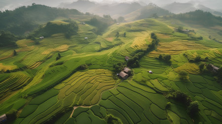 Aerial view of green rice terraces in Mu Cang Chai, YenBai, Vietnamの素材