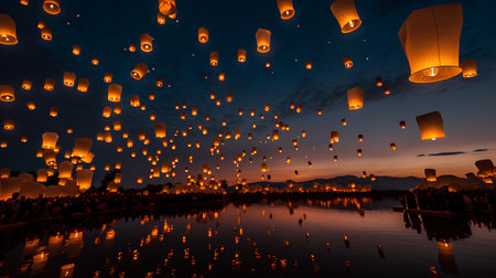 Floating lanterns during Yee Peng festival in Chiang Mai, Thailandの素材