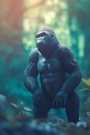 Gorilla with big muscles posing in forest. 3d renderingの素材