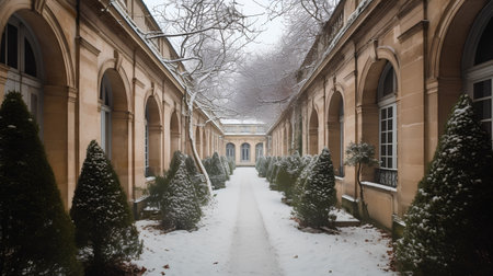 A view of the entrance to the University of Cambridge in winter.の素材