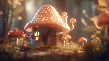 Fantasy mushroom house in the forest. 3d render illustration.の素材