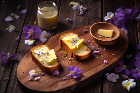 toasts with butter and flowers on a wooden table, selective focusの素材