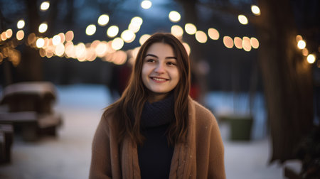 Portrait of a beautiful young woman on a background of Christmas lights.の素材