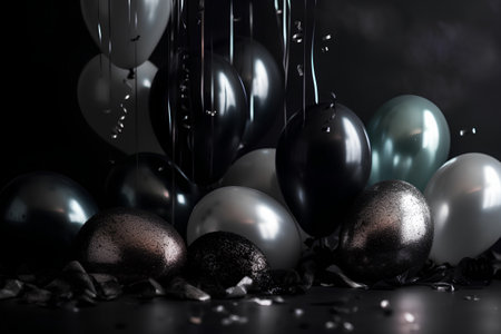 Easter eggs on a black background with silver and black balloons.の素材