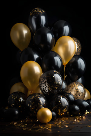 Black and gold balloons with golden confetti on a black background.の素材