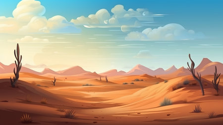 Desert landscape with blue sky and clouds, vector cartoon illustration.の素材