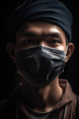 Portrait of a young Asian man wearing a black medical mask.の素材