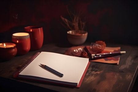 Notebook and pen on a table in a dark room with candlesの素材
