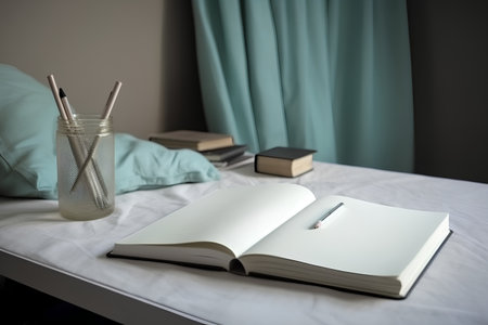 Notebook with pen and glasses on the bed in the bedroom.の素材
