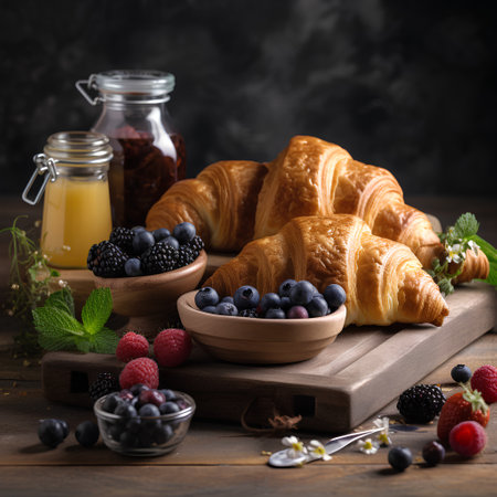 Fresh croissants with berries and jam on wooden board, selective focusの素材