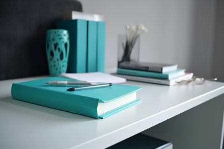 Close up of office table with notepad and pen on it.の素材