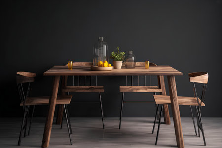 Modern dining room interior with wooden table, chairs and bottle of wine. 3d renderの素材