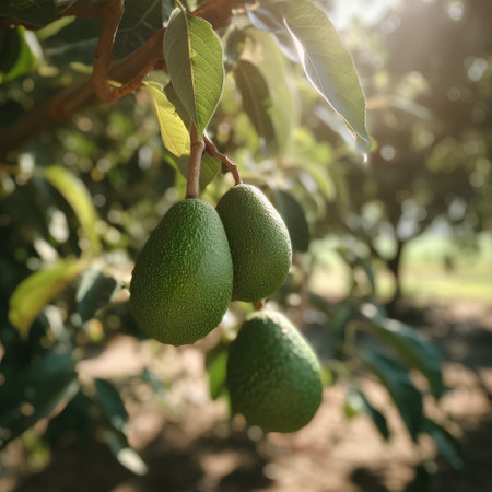 Green avocados growing on a tree in an orchard.の素材