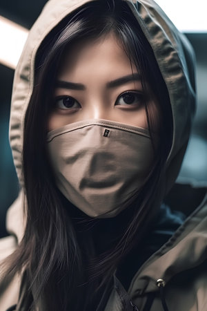 Portrait of a beautiful young Asian woman wearing a medical mask.の素材