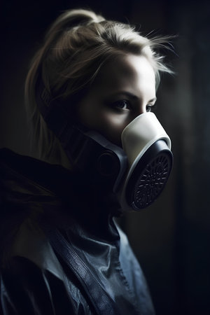 Portrait of a girl in a gas mask on a dark backgroundの素材