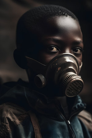 Portrait of a young African American boy in a gas mask.の素材