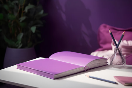Purple book and pencils on a white table in the roomの素材