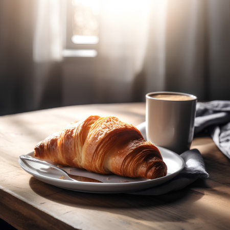 Breakfast with coffee and croissants on wooden table in the morning light.の素材