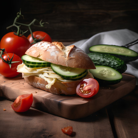 Sandwich with cheese, tomatoes and cucumbers on a wooden backgroundの素材