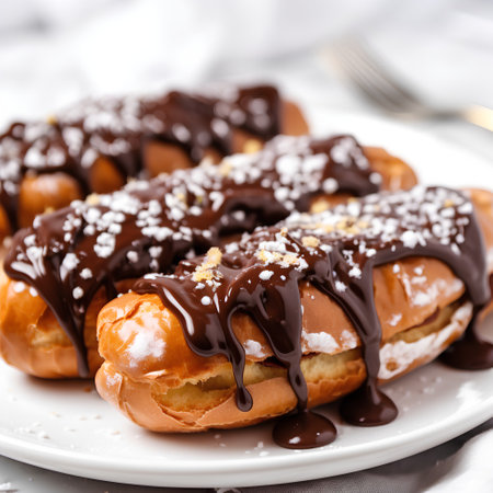 Chocolate eclairs on a plate, close up, horizontalの素材