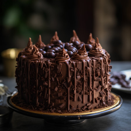 Chocolate cake with chocolate shavings on a dark background.の素材