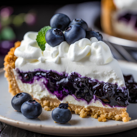 Blueberry cheesecake with whipped cream and fresh blueberries, selective focusの素材