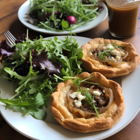 Tartlets with mushrooms and arugula on a wooden tableの素材