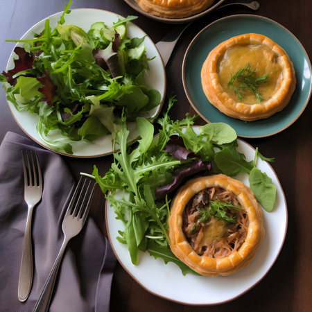 Baked meat pie with arugula and salad on a dark backgroundの素材