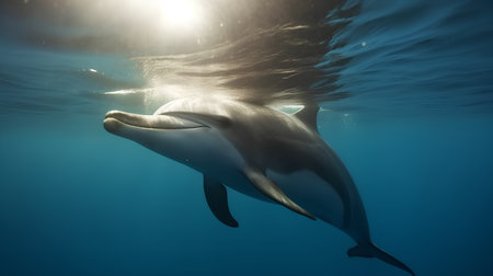 Dolphin swimming underwater in the ocean with rays of light shining through the waterの素材