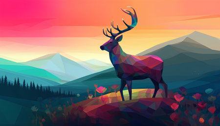 Colorful low poly illustration of a deer on a background of mountainsの素材