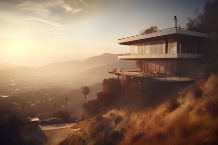 Modern house on the top of a hill with a beautiful landscape.の素材